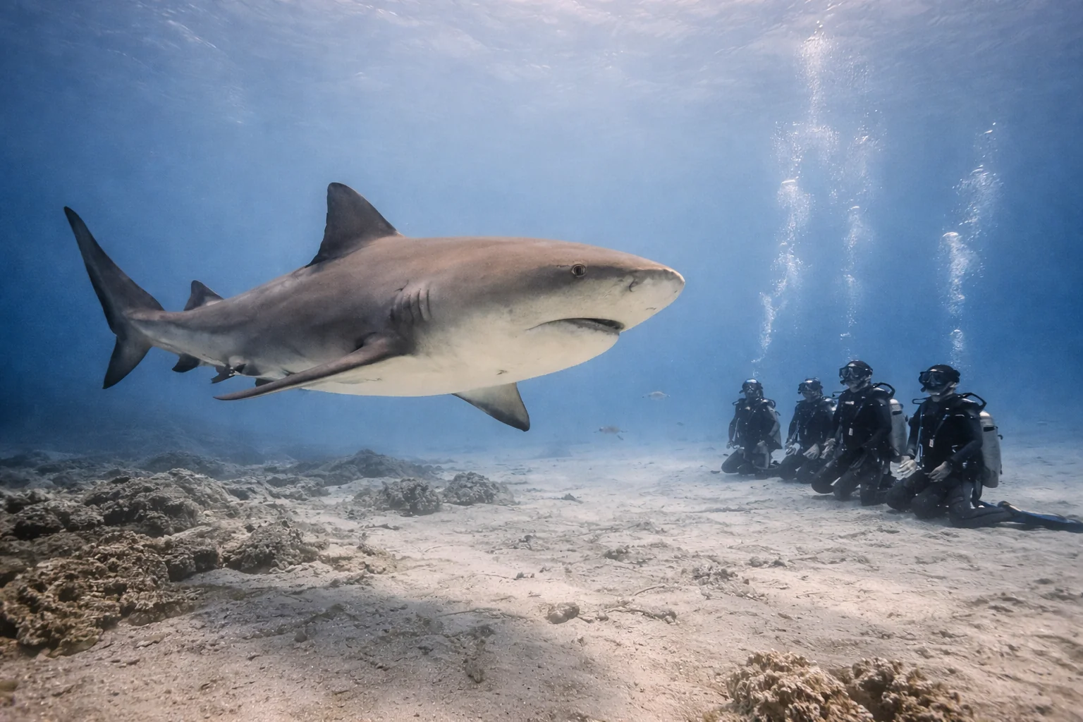 Bull shark moving naturally through clear Caribbean water