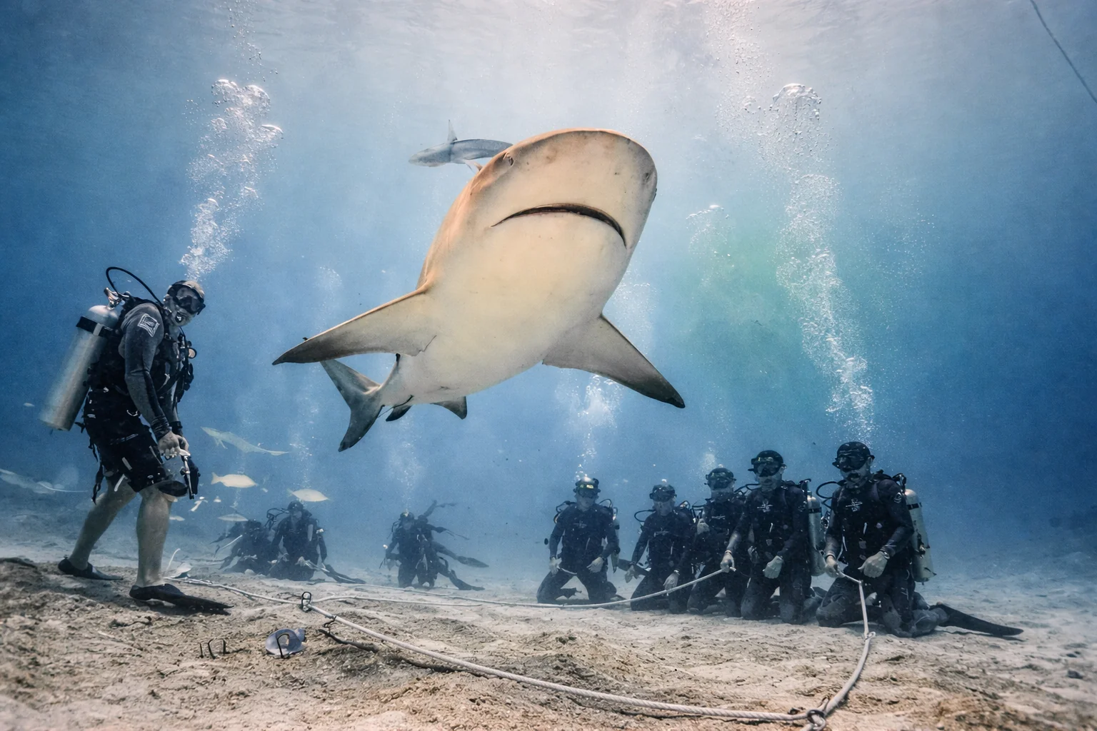 Divers positioned in a controlled line for a bull shark dive