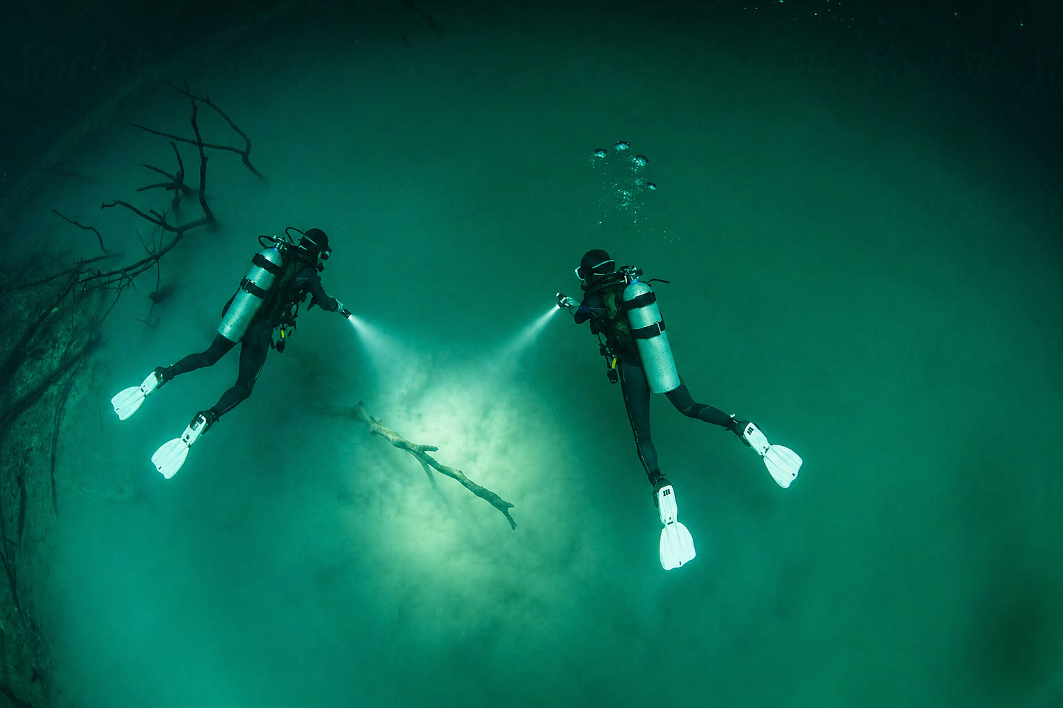 Diver descending into Cenote Angelita near Tulum
