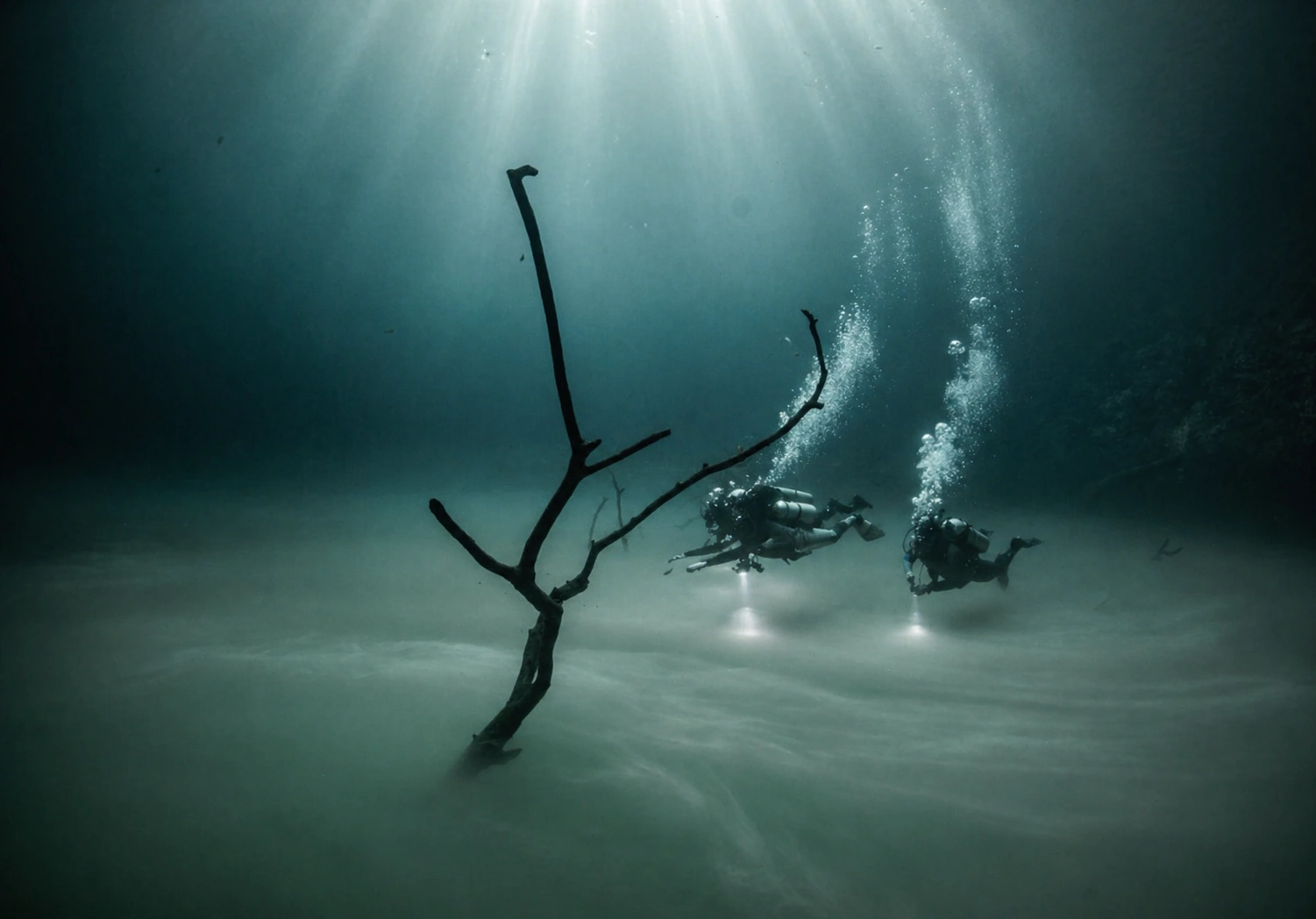 Sulfur cloud and submerged trees at Cenote Angelita