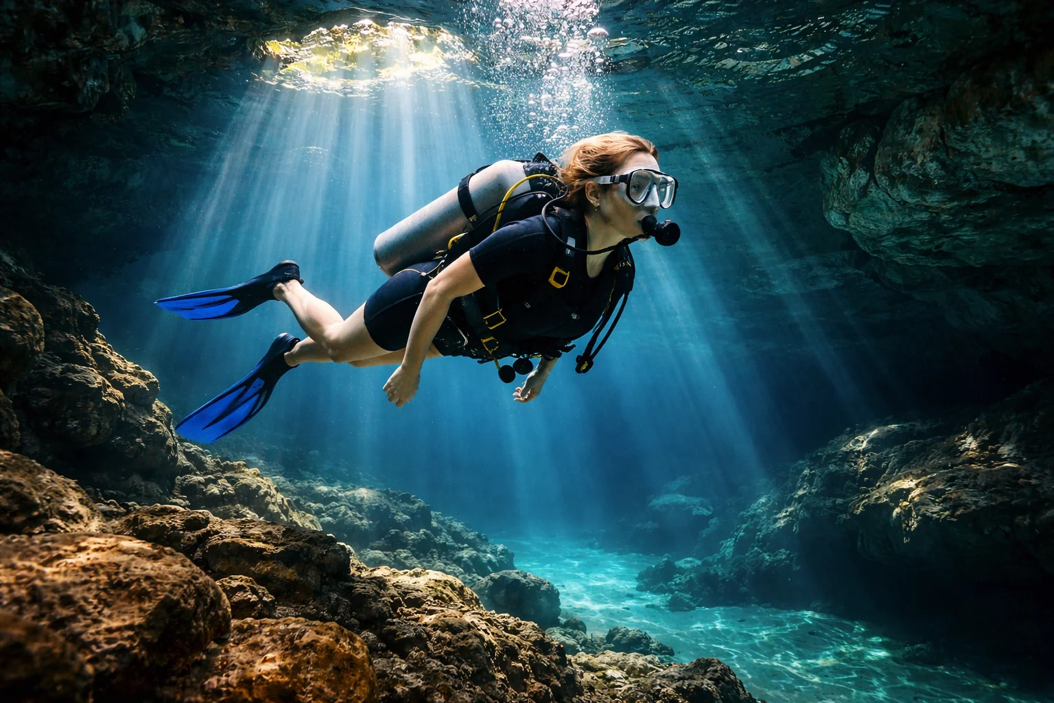 Cenote diving in crystal-clear water