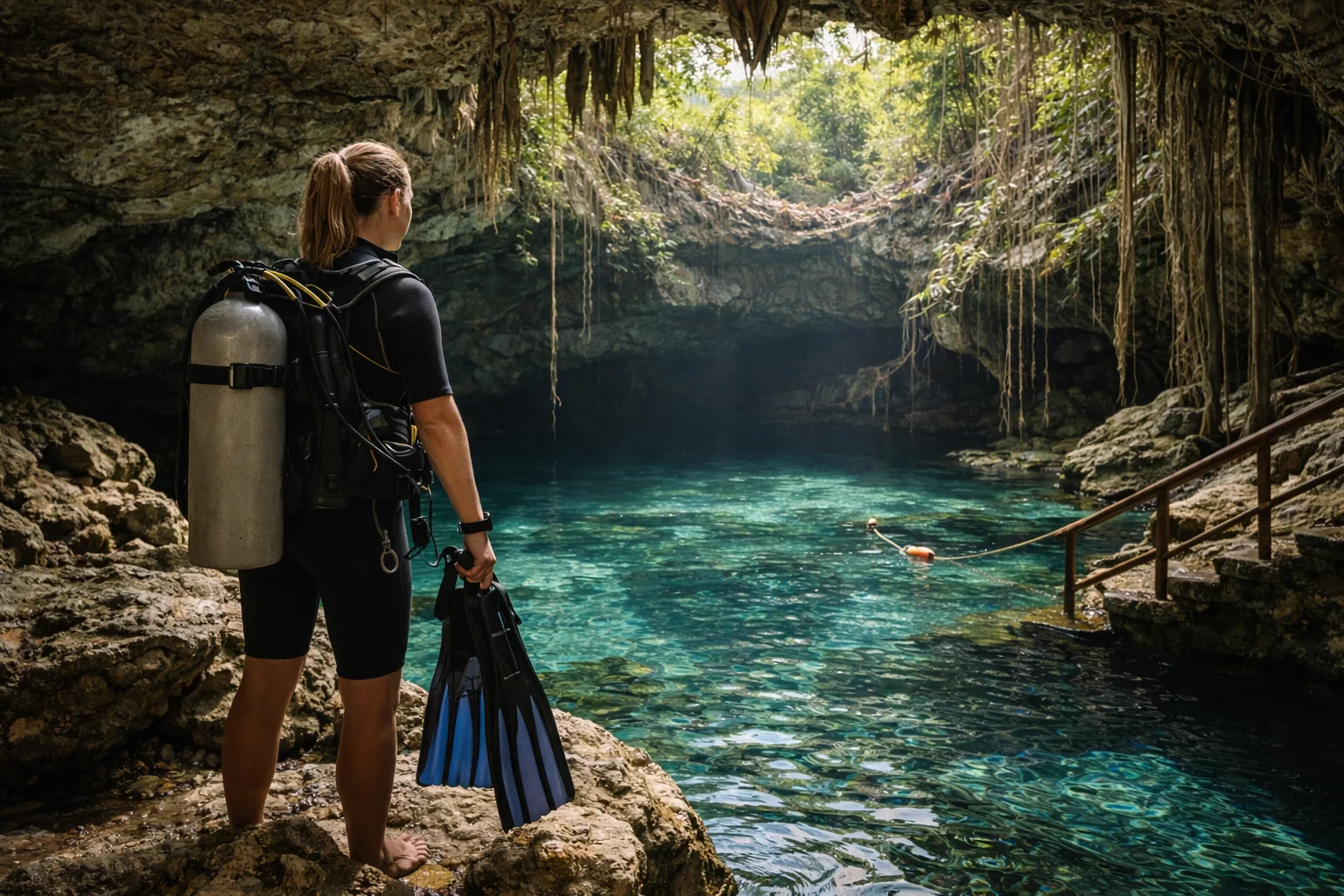 Diver standing with equipment at a cenote entrance