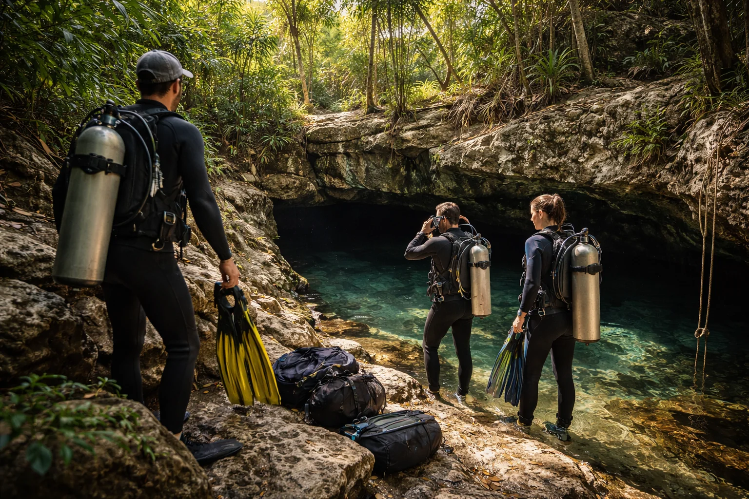 Guide and divers preparing at a cenote entrance