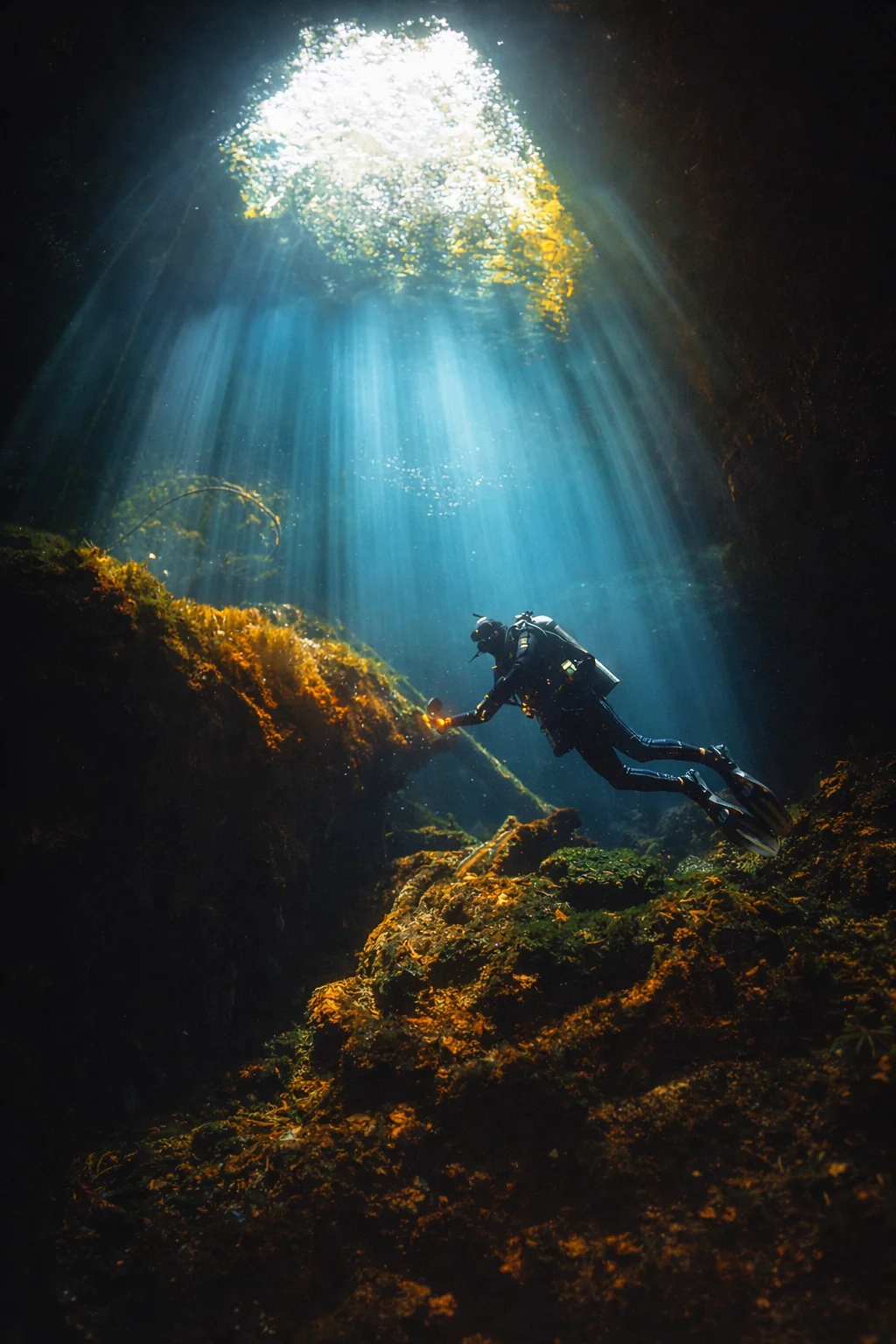 Natural light rays inside a Riviera Maya cenote