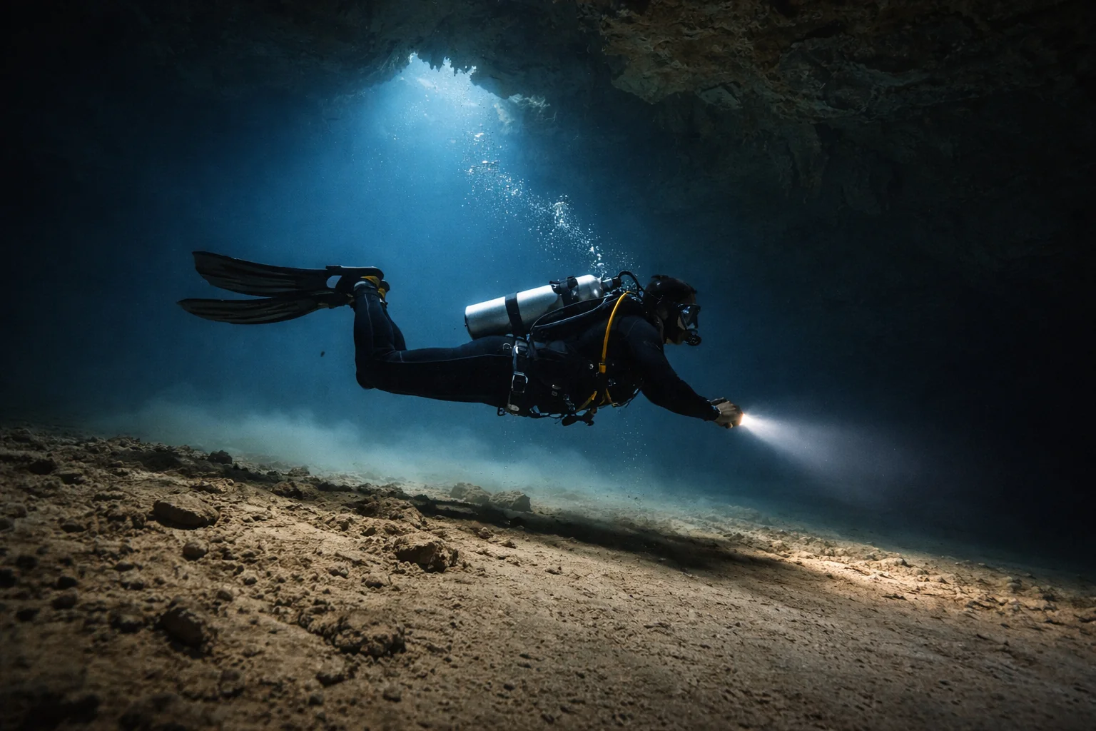 Diver using good buoyancy and trim in a cenote