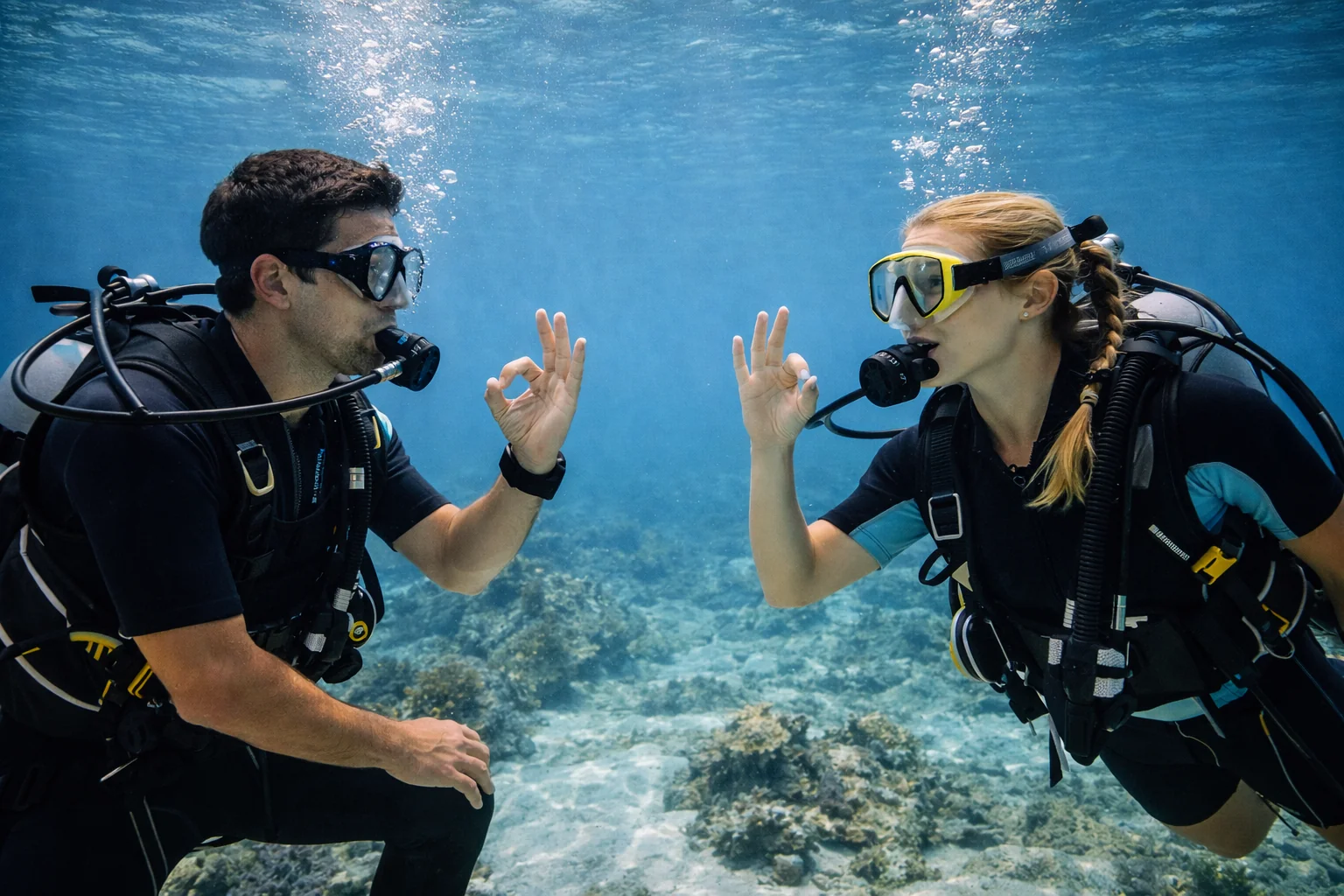 First-time diver with instructor in calm Caribbean water