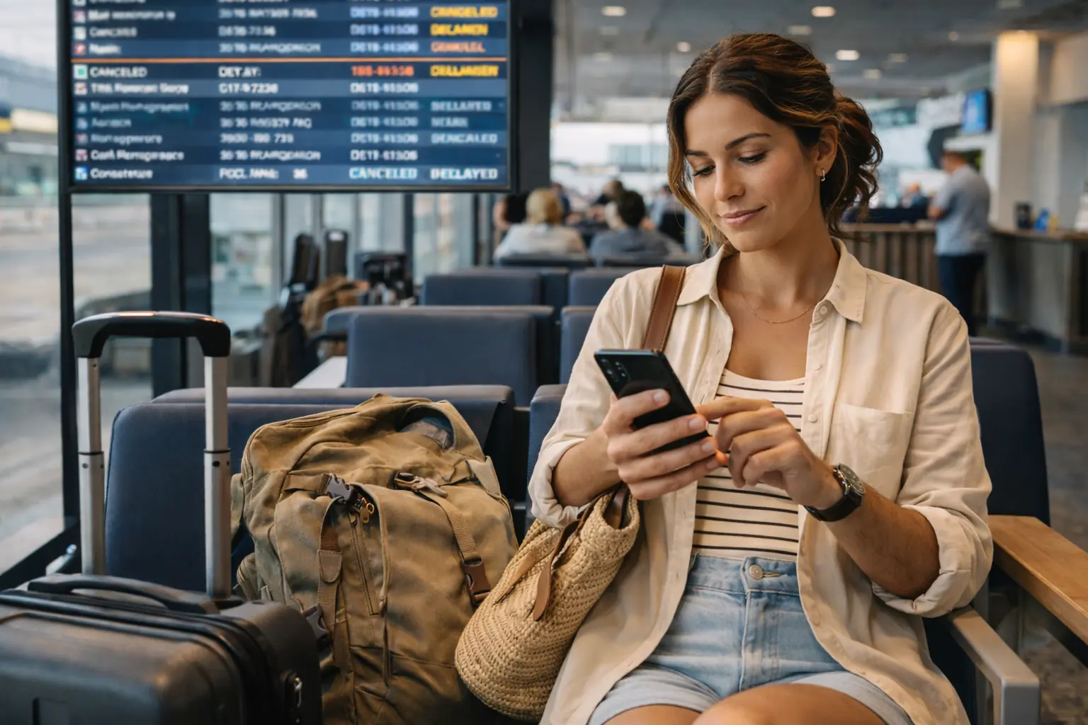 Traveler checking flight delay compensation options at the airport