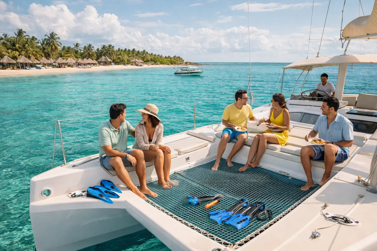 Isla Mujeres catamaran snorkeling day with lunch and sunny island water