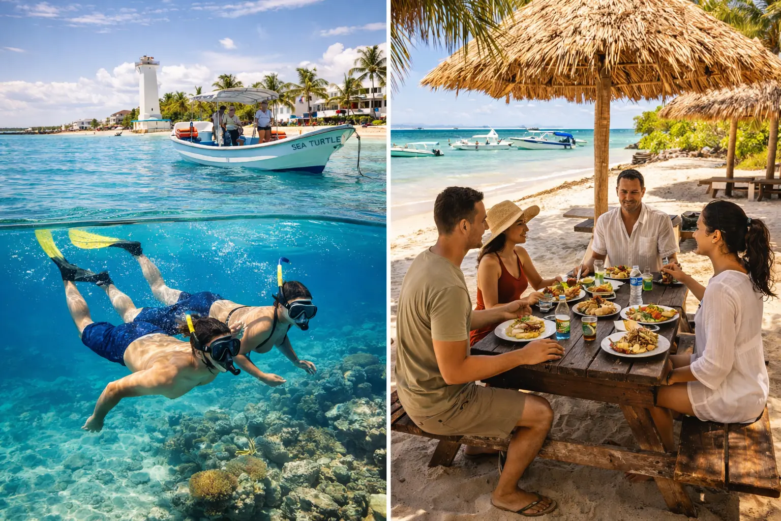 Puerto Morelos reef snorkeling day with beach lunch atmosphere
