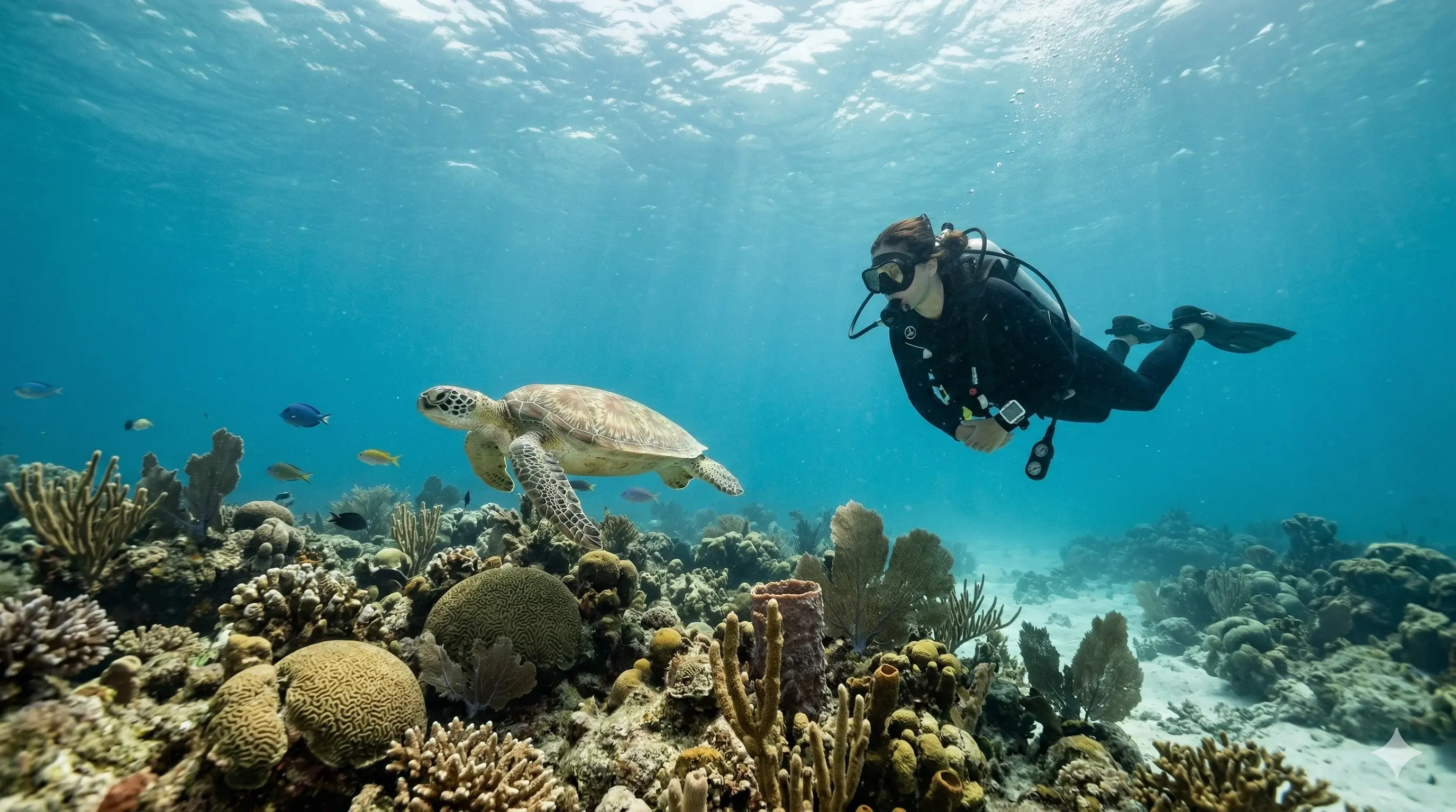 Diver and sea turtle on a Caribbean reef
