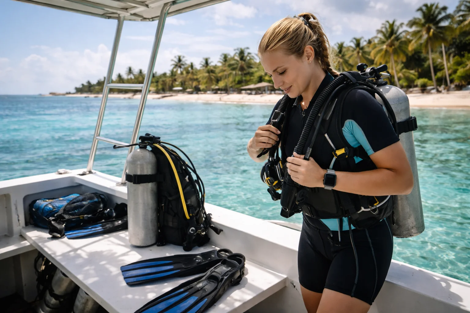 Diver preparing for referral checkout dives from a boat