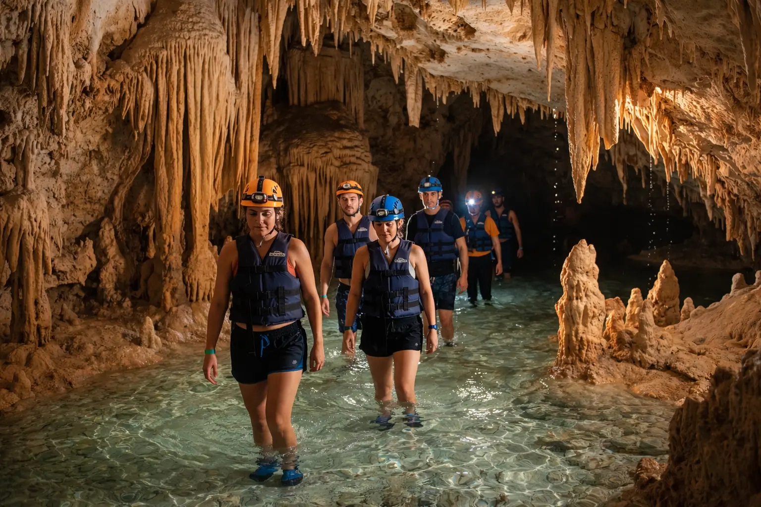 Rio Secreto underground river with clear water and limestone cave formations