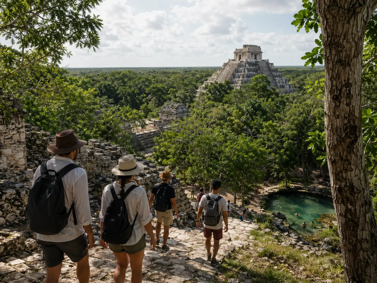 Travelers preparing for heat and timing on a Mayan ruins day