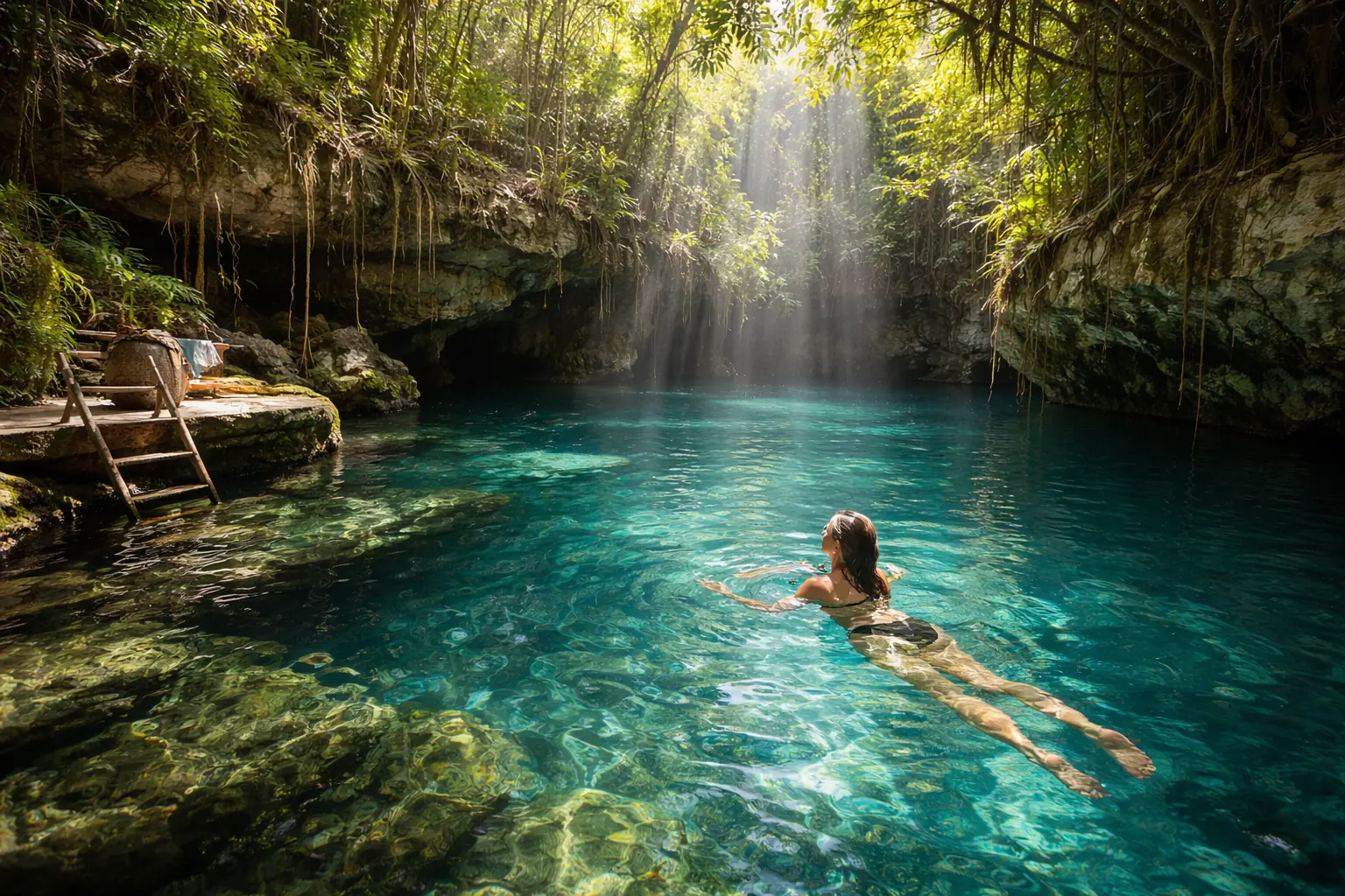 Cenote swimming with freshwater and limestone surroundings