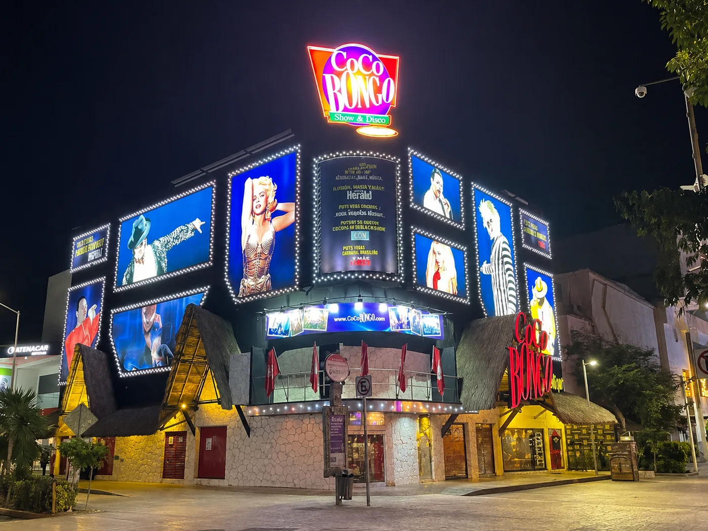 Coco Bongo exterior at night in Playa del Carmen