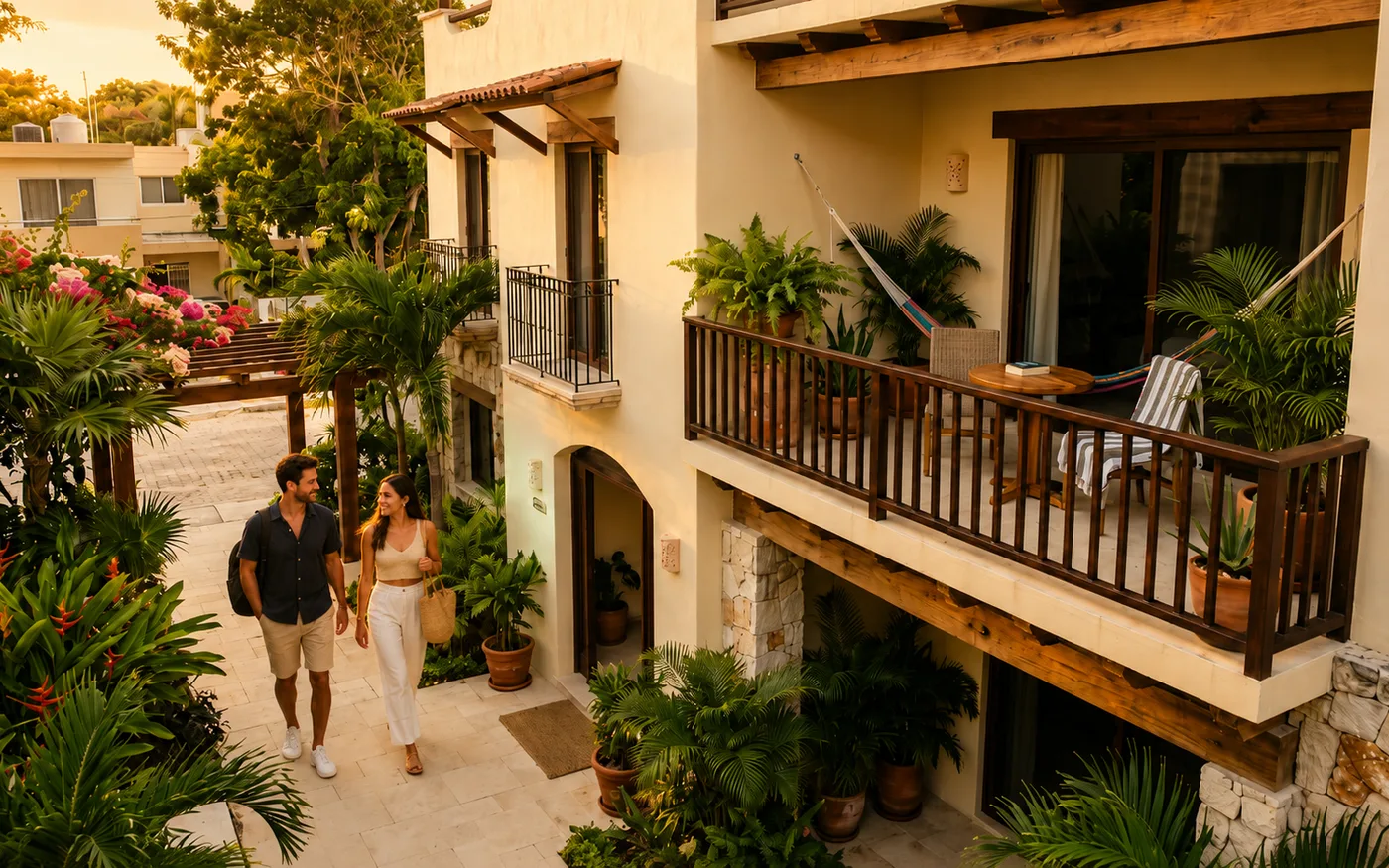 Quiet condo and boutique hotel style stay area in Playa del Carmen with tropical plants and balconies