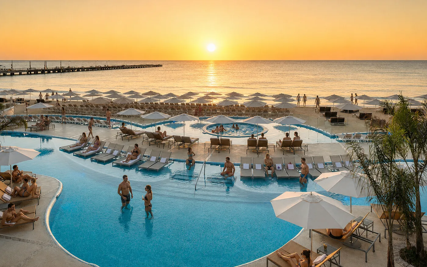 Playacar resort pool and beach area at sunset in Playa del Carmen