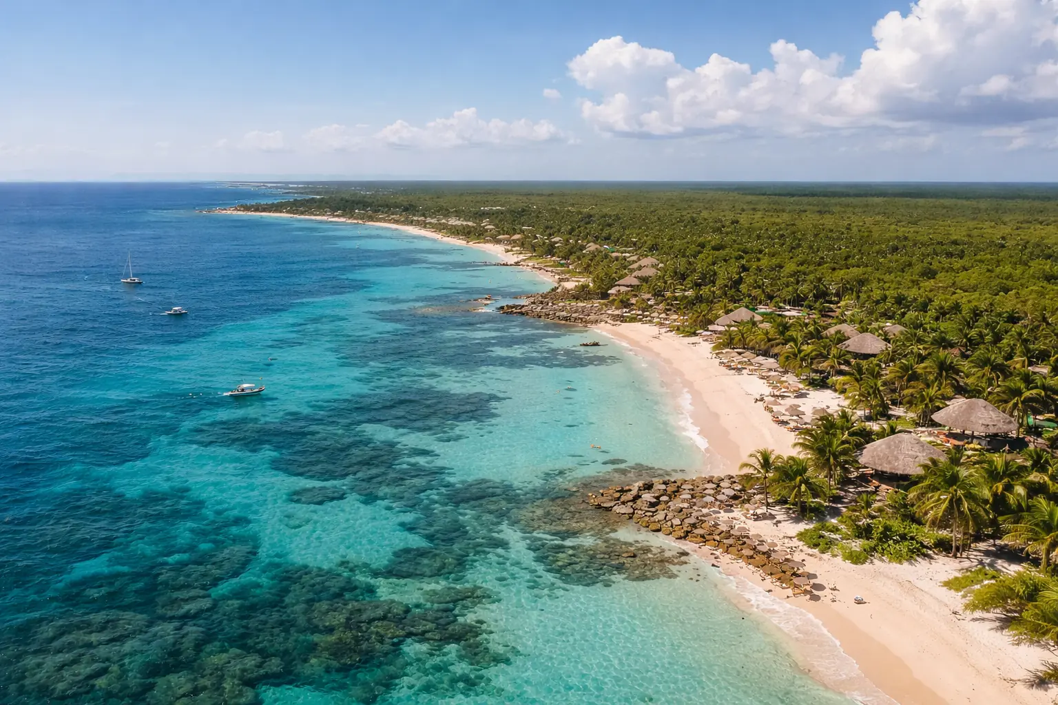 Broad Riviera Maya coastline with beaches and tropical scenery