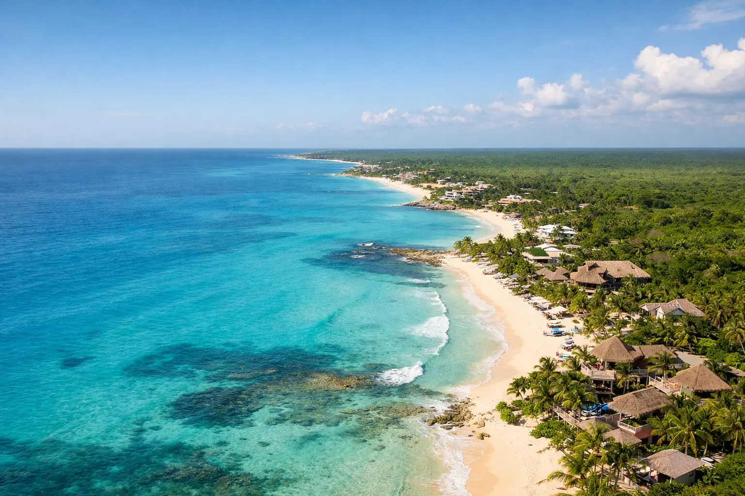 Riviera Maya coastline with turquoise water, beach, and tropical greenery