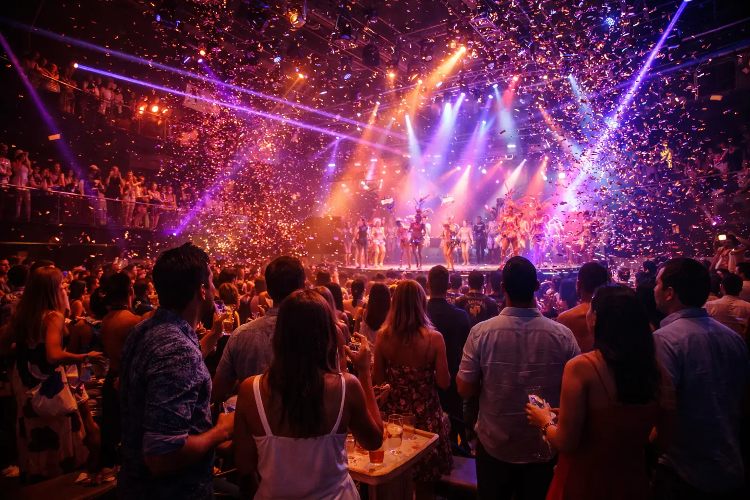 Coco Bongo show atmosphere with lights, confetti, and a packed audience