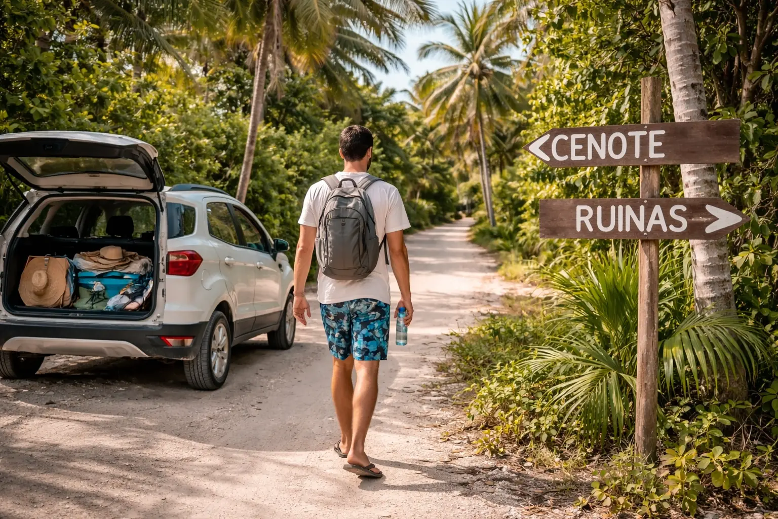 Rental car route toward cenotes or inland Riviera Maya stops