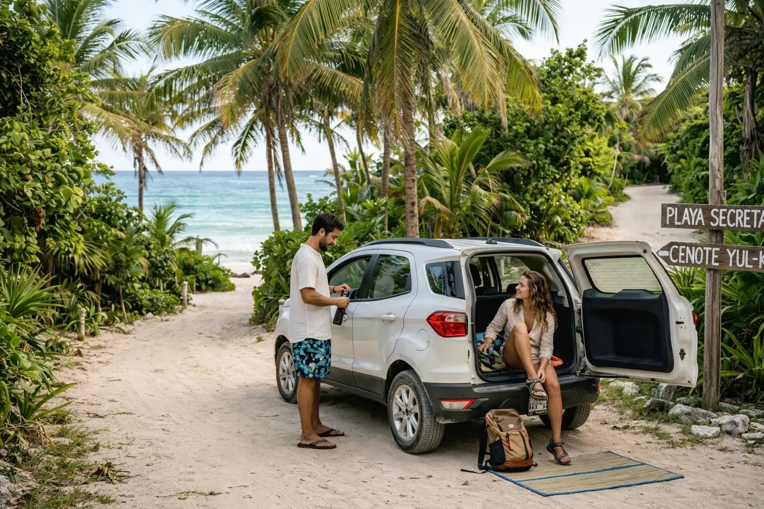 Rental car on a Riviera Maya road with tropical surroundings