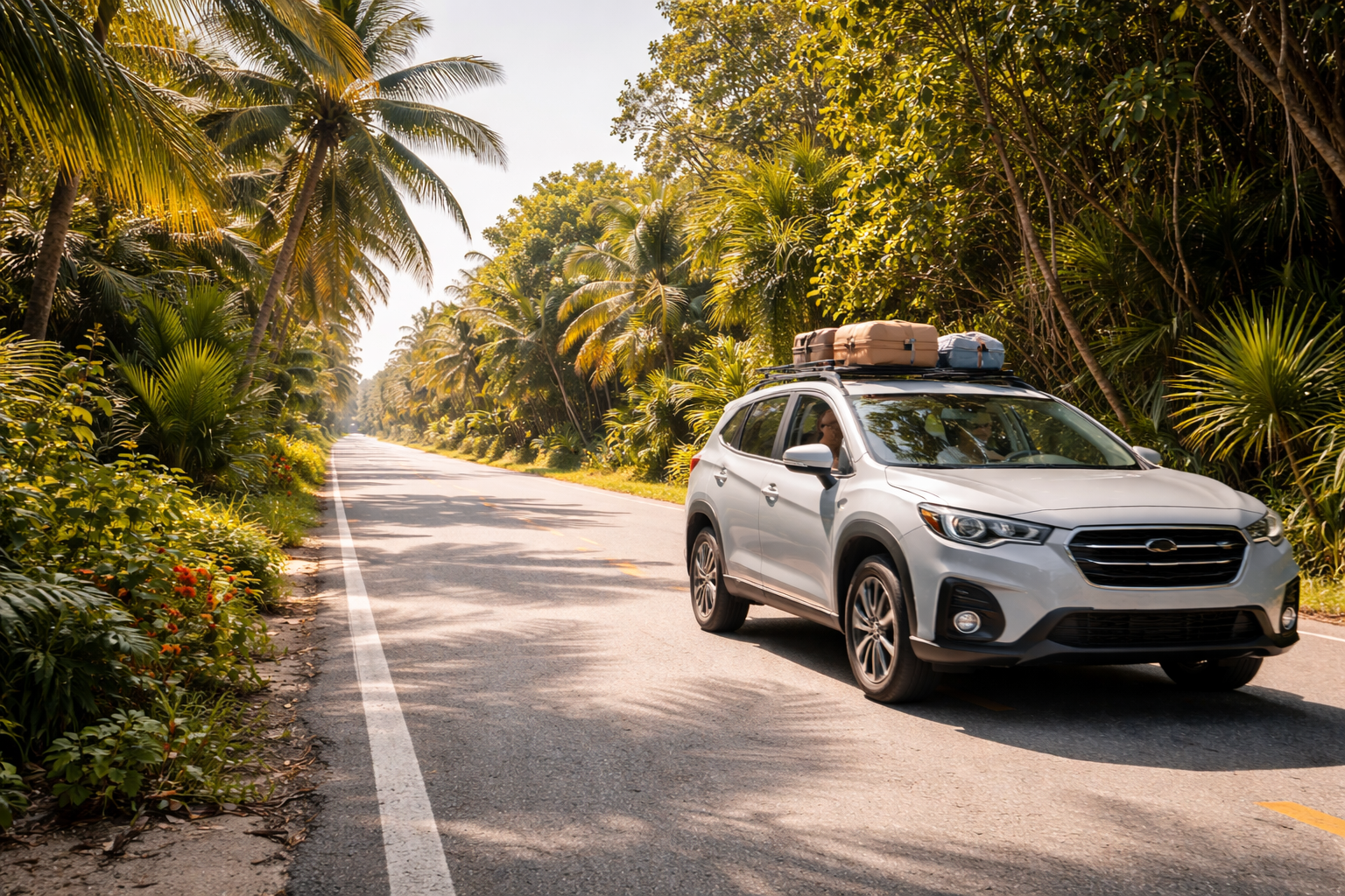 Rental car on a tropical Riviera Maya road