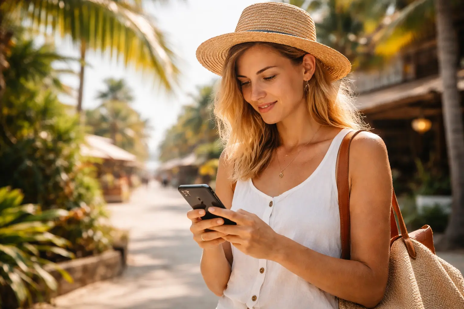Traveler using a phone in a tropical destination