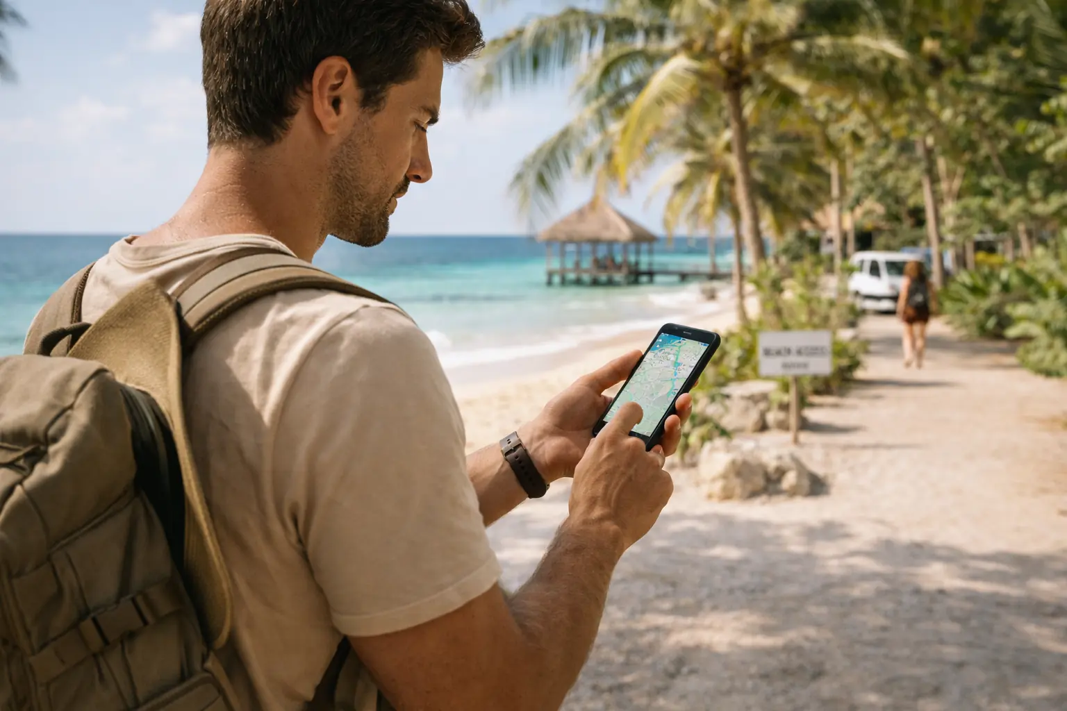 Traveler walking through a tropical destination while staying connected by phone