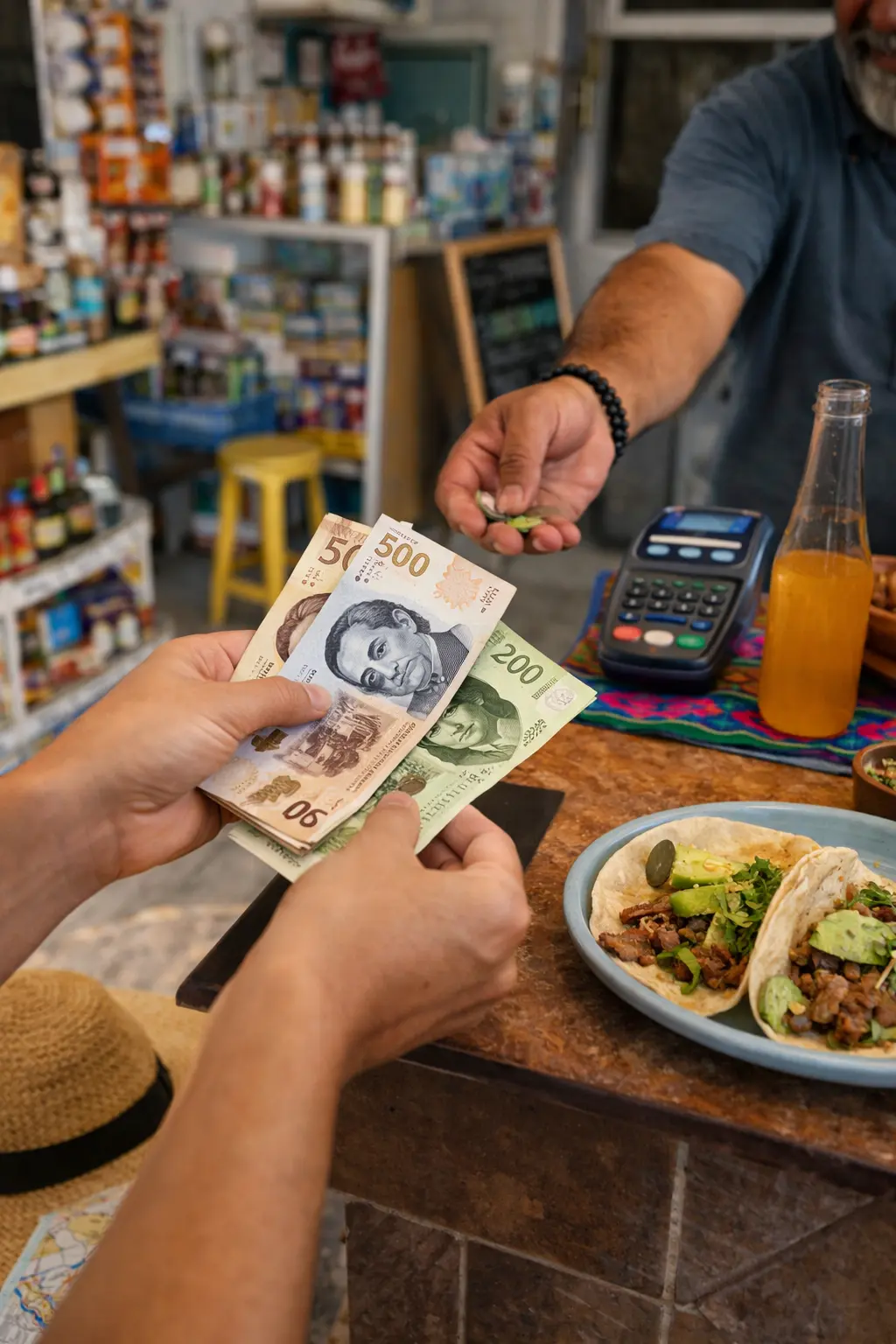 Paying in Mexico with pesos at a local Playa del Carmen business