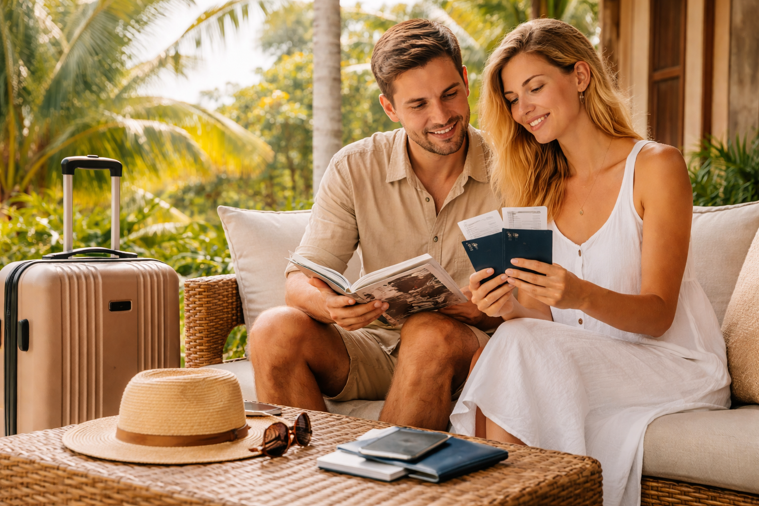 Traveler with luggage and documents in a calm tropical setting