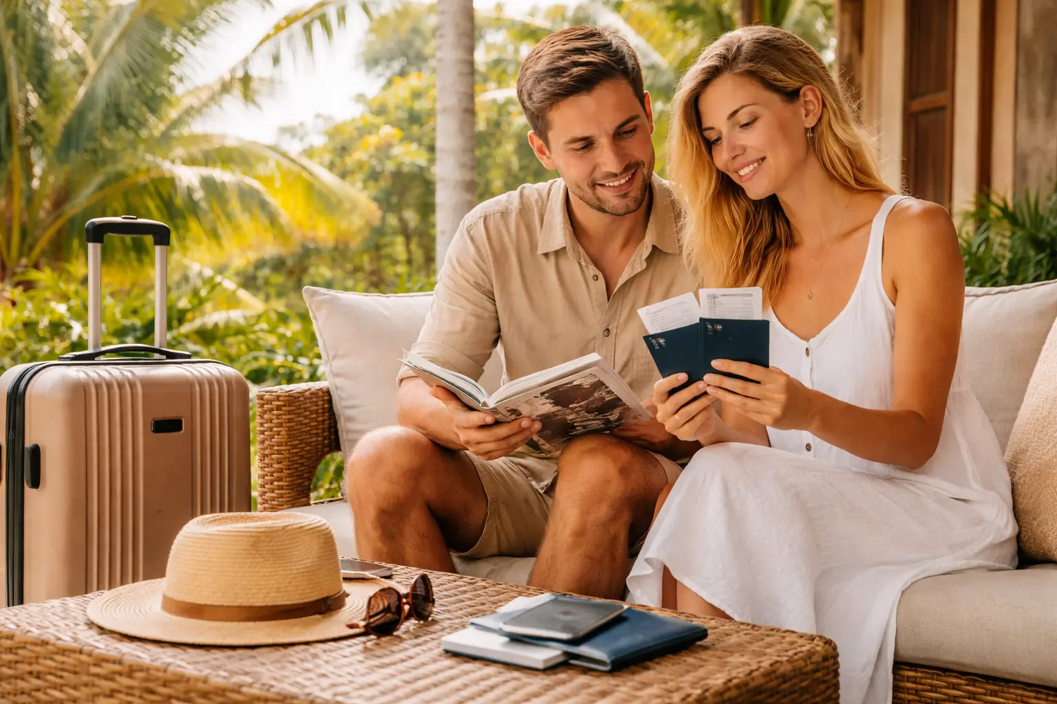 Traveler with luggage and documents in a calm tropical setting